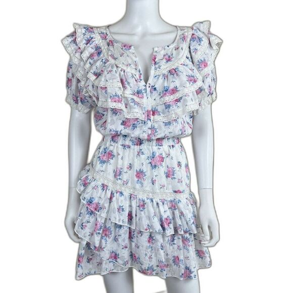 Fanco Women Size M White Floral Ruffle Tiered Crochet Cotton Mini Dress Pullover - Picture 1 of 15